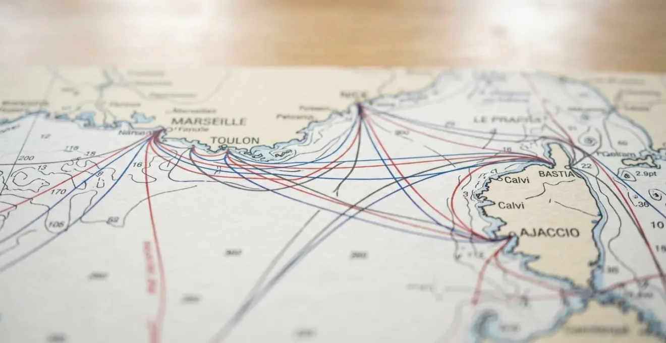 Gros plan sur une carte marine de la Méditerranée montrant les routes entre ports français et corses avec un effet de profondeur de champ