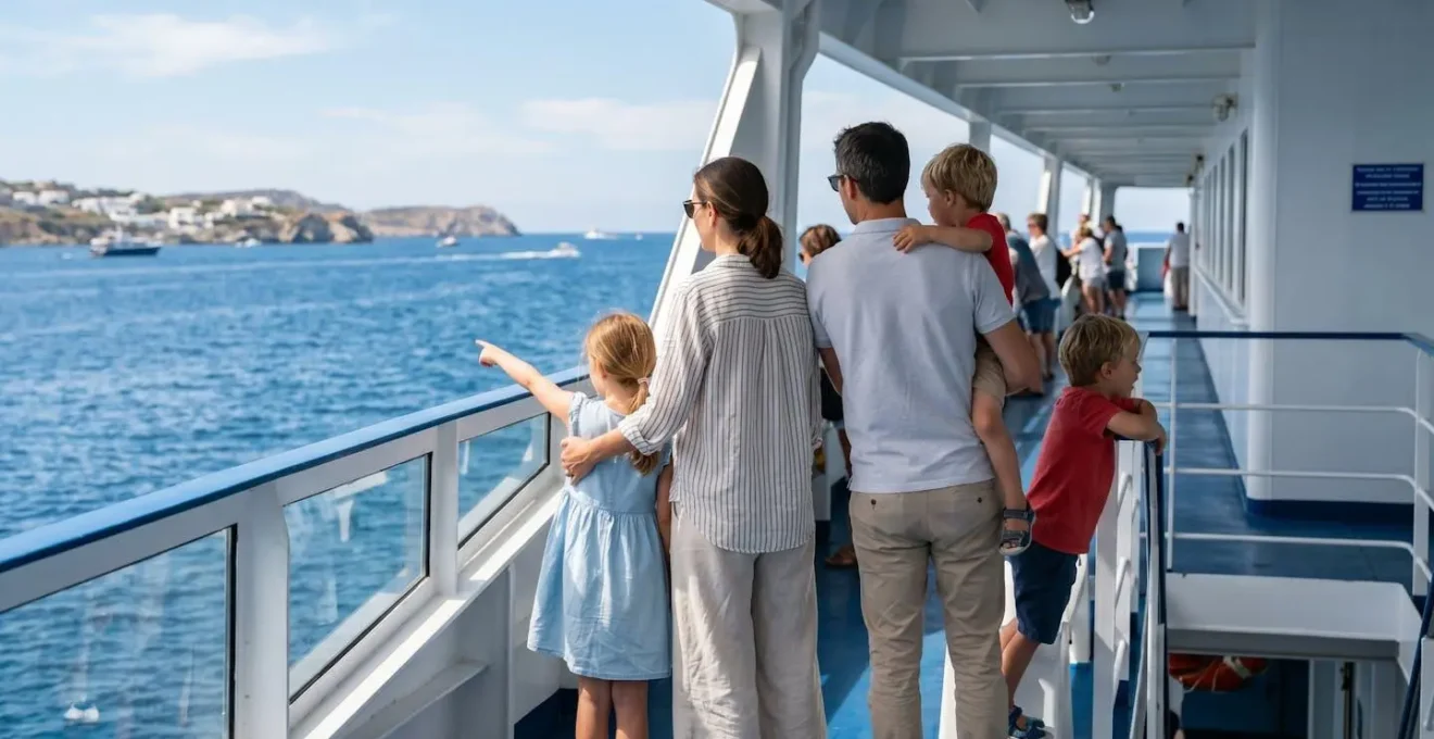Une famille avec enfants vue de dos sur le pont extérieur d'un ferry, regardant la mer sous un ciel ensoleillé