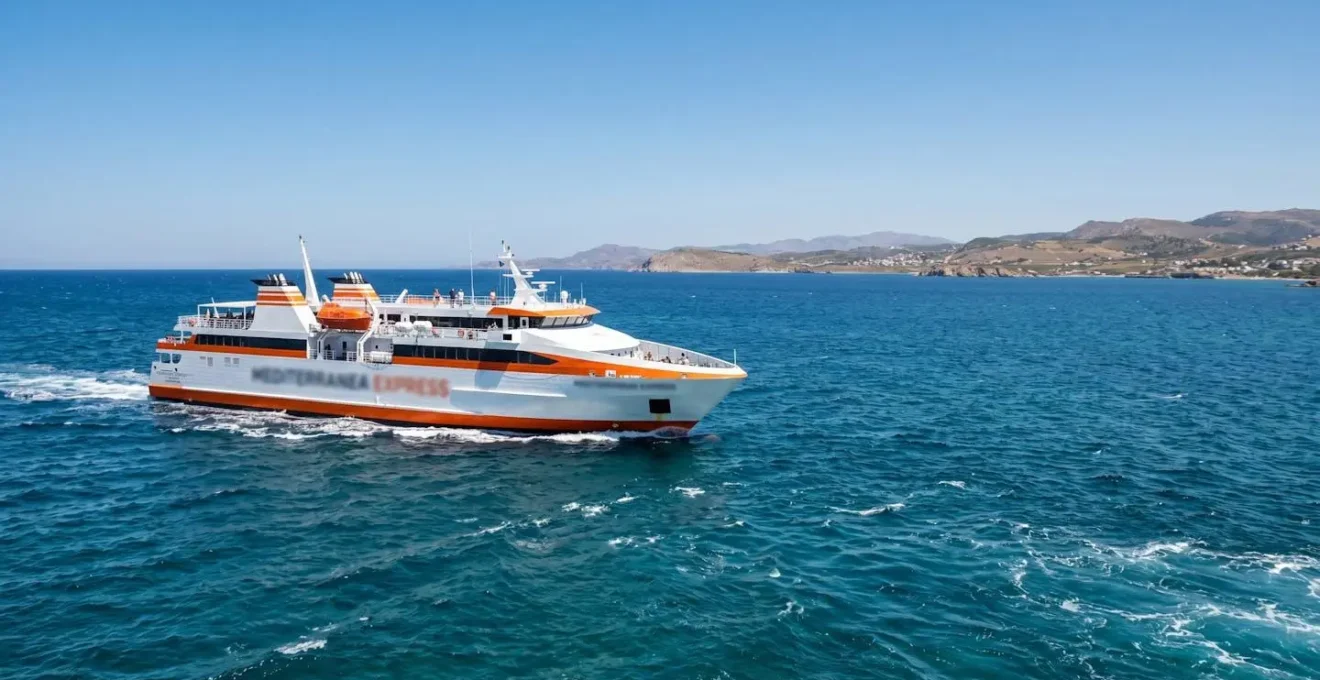 Un ferry blanc et orange navigue en pleine mer Méditerranée sous un ciel bleu dégagé