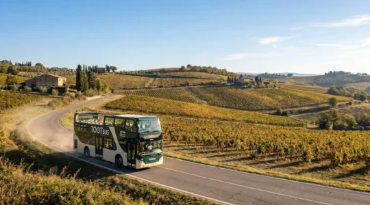 Un car Tootbus moderne traverse une route sinueuse au cœur des collines toscanes, entouré de vignobles dorés sous une lumière matinale