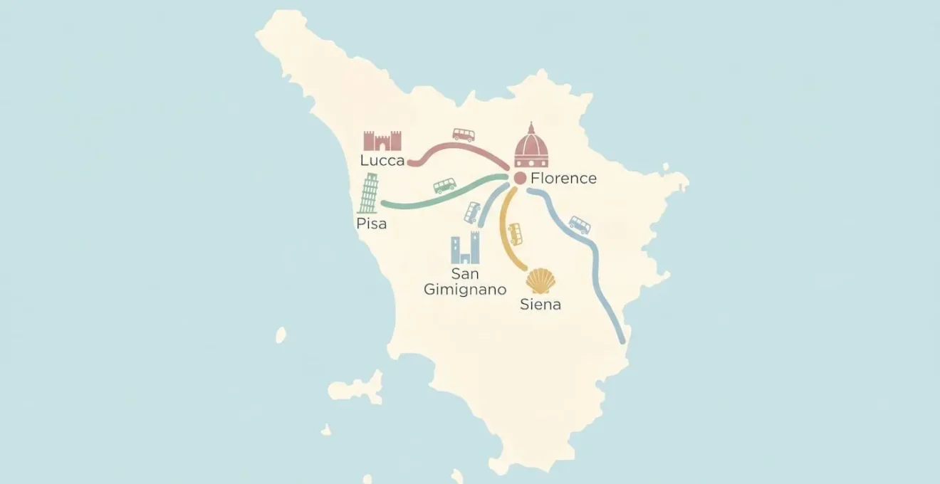 Carte minimaliste de la Toscane reliant Florence, Pise, Lucques, Sienne et San Gimignano par des lignes bus symboliques en tons pastels