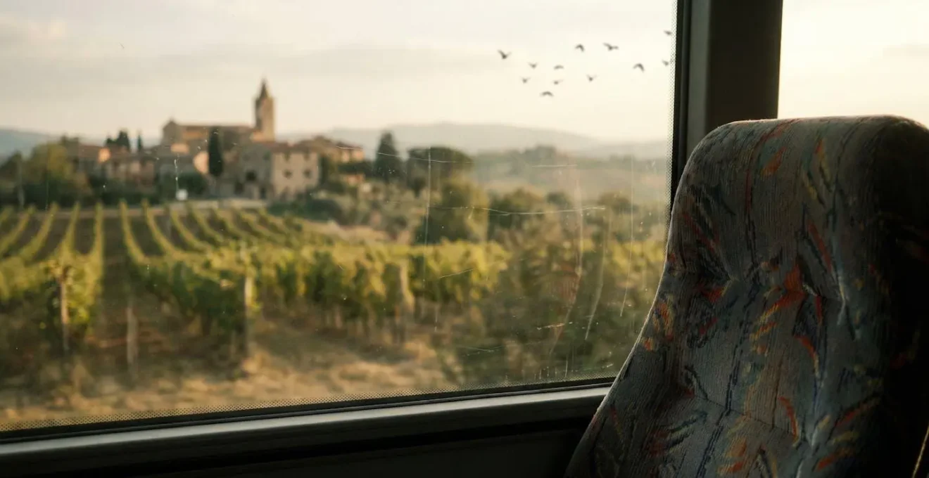Vue depuis un siège de bus en mouvement sur la campagne toscane, vignobles en rangées et clocher de village au loin dans une lumière tamisée
